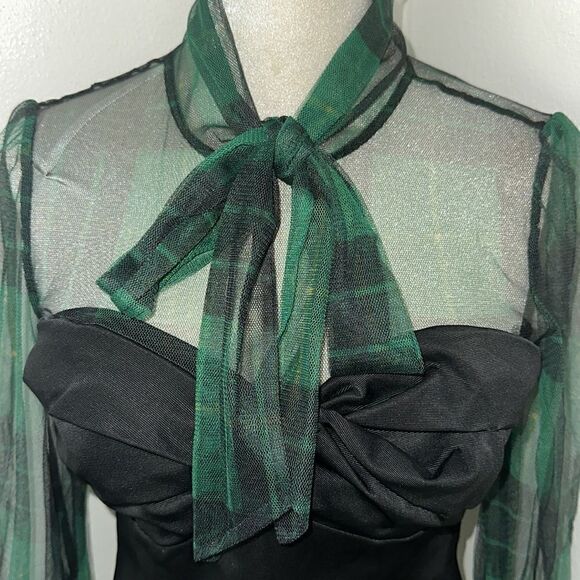Tops - 7th Ave New York black corset green sheer tartan plaid blouse top S small